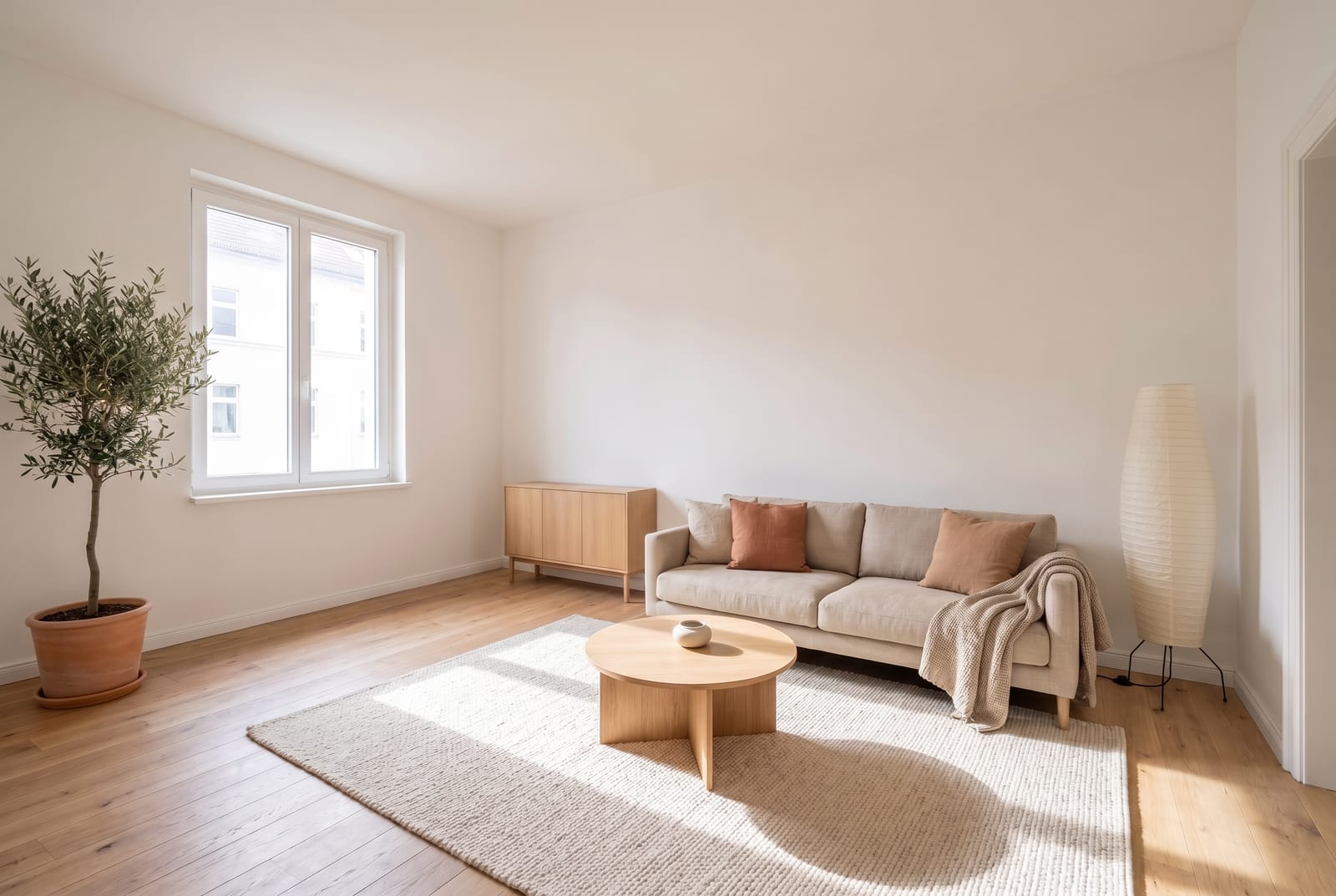 Dasselbe Wohnzimmer bei Tageslicht mit dezenter Deko: niedriges Sideboard aus hellem Holz, Leinensofa mit wenigen Kissen, runder Holztisch und Pflanzen