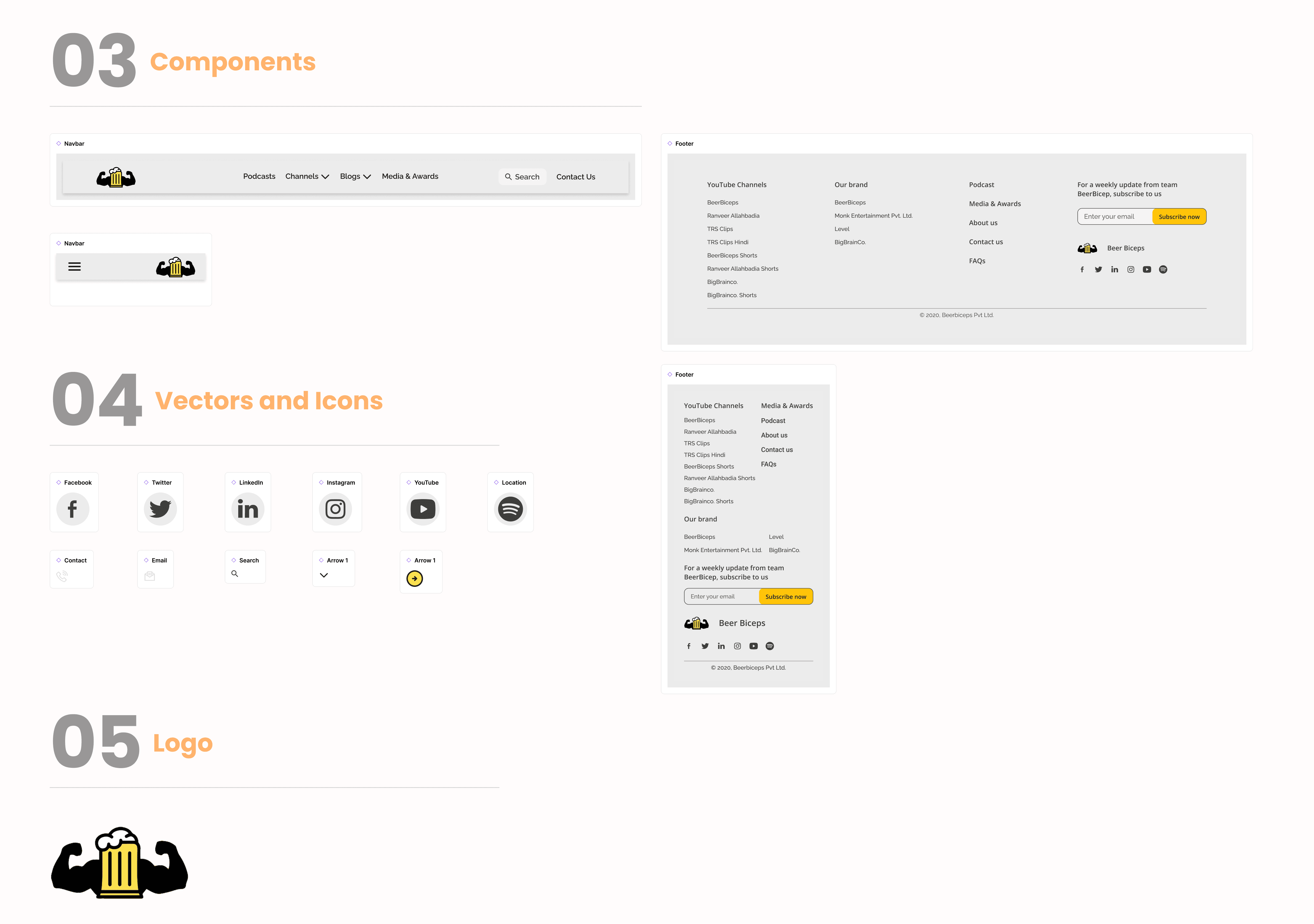 Component lists, vector icons for social media platforms like Facebook, Twitter, Instagram, LinkedIn, and YouTube, along with a logo