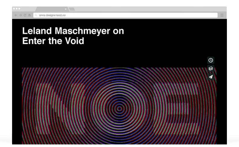 A computer screen displays a webpage titled “Leland Maschmeyer on Enter the Void.” The webpage features a dark background with concentric circles in shades of purple, blue, and red. A cursor is positioned near the bottom right corner of the page. A browser bar is visible at the top, showing a URL address and a search bar. Standard browser controls, including a back button, forward button, and refresh button, are also present.