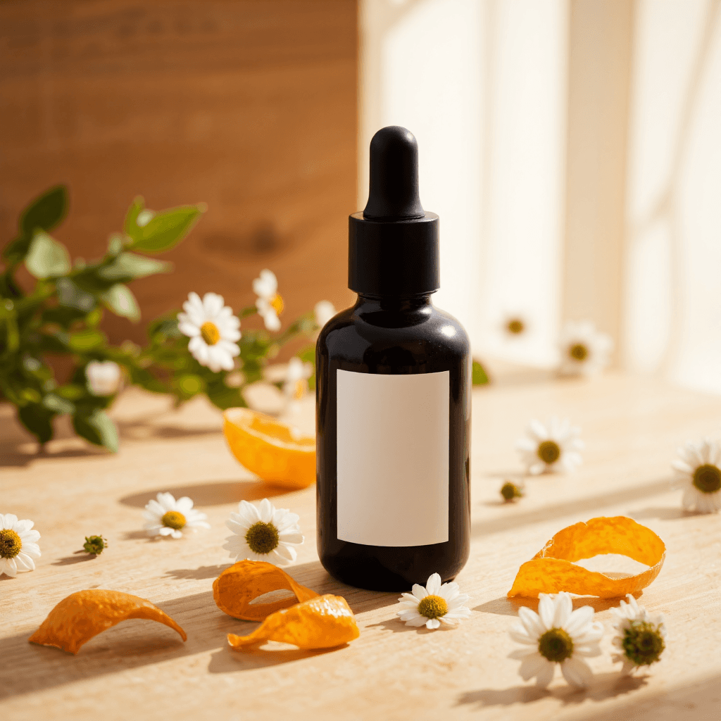 product photography of a bottle of facial serum for anti-wrinkle use, featuring tangerine peel, chamomile, and avocado oil