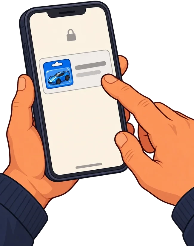 A male hand taps a toy car notification on a phone