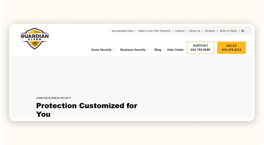 Guardian Alarm website homepage