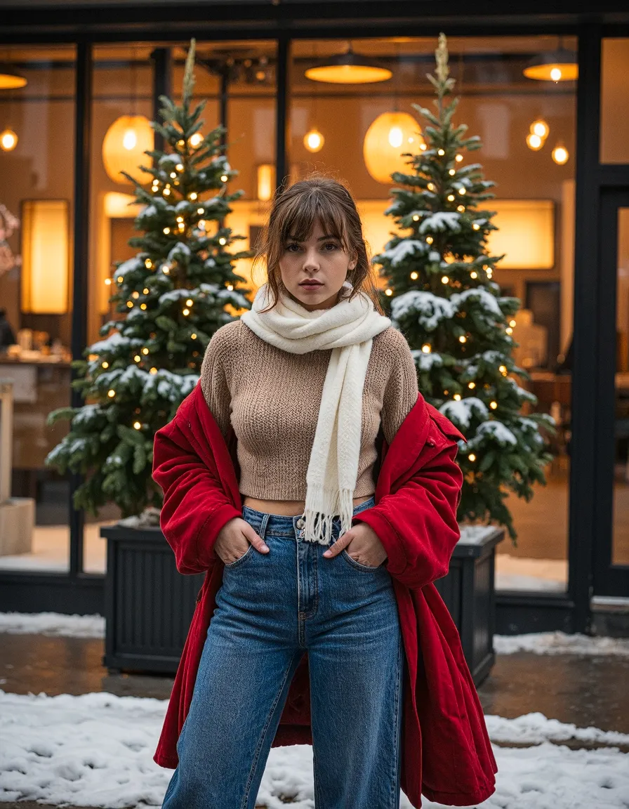 Woman in red coat and cream scarf posing outdoors with decorated Christmas trees and warm lights in background