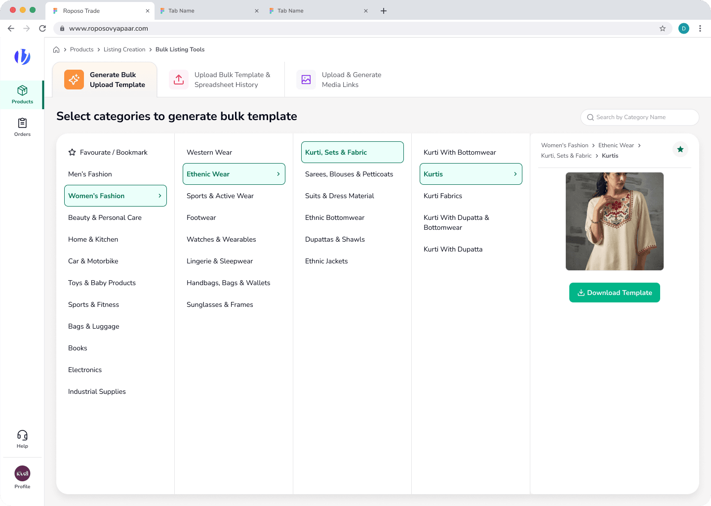 Category-first bulk template generation, so sellers download exactly the right fields for their products.
