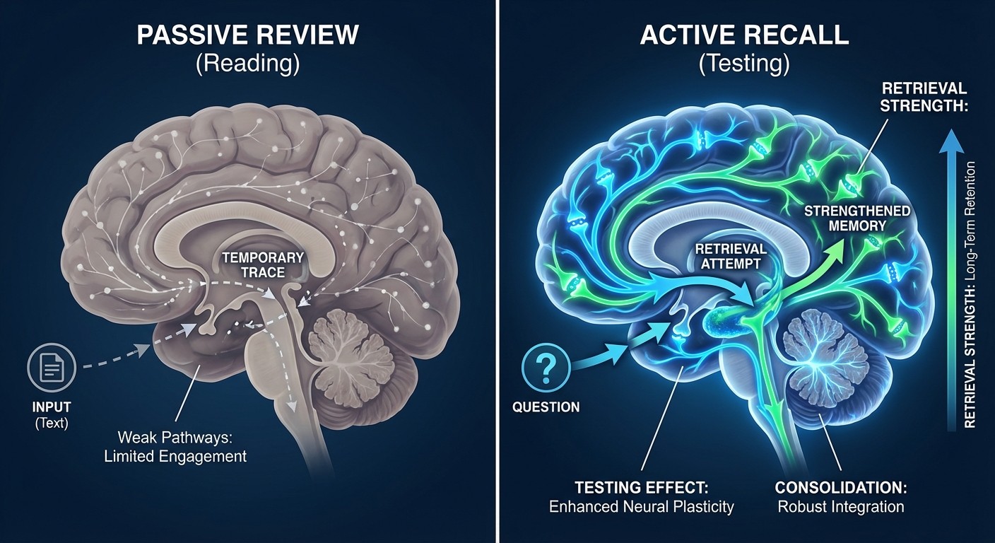 Neuroscience comparison of passive review vs active recall neural pathways