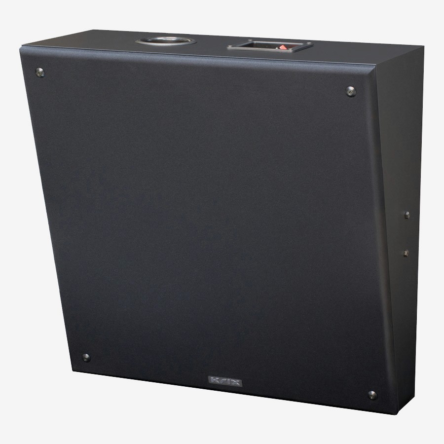 Black KEF subwoofer with angled front