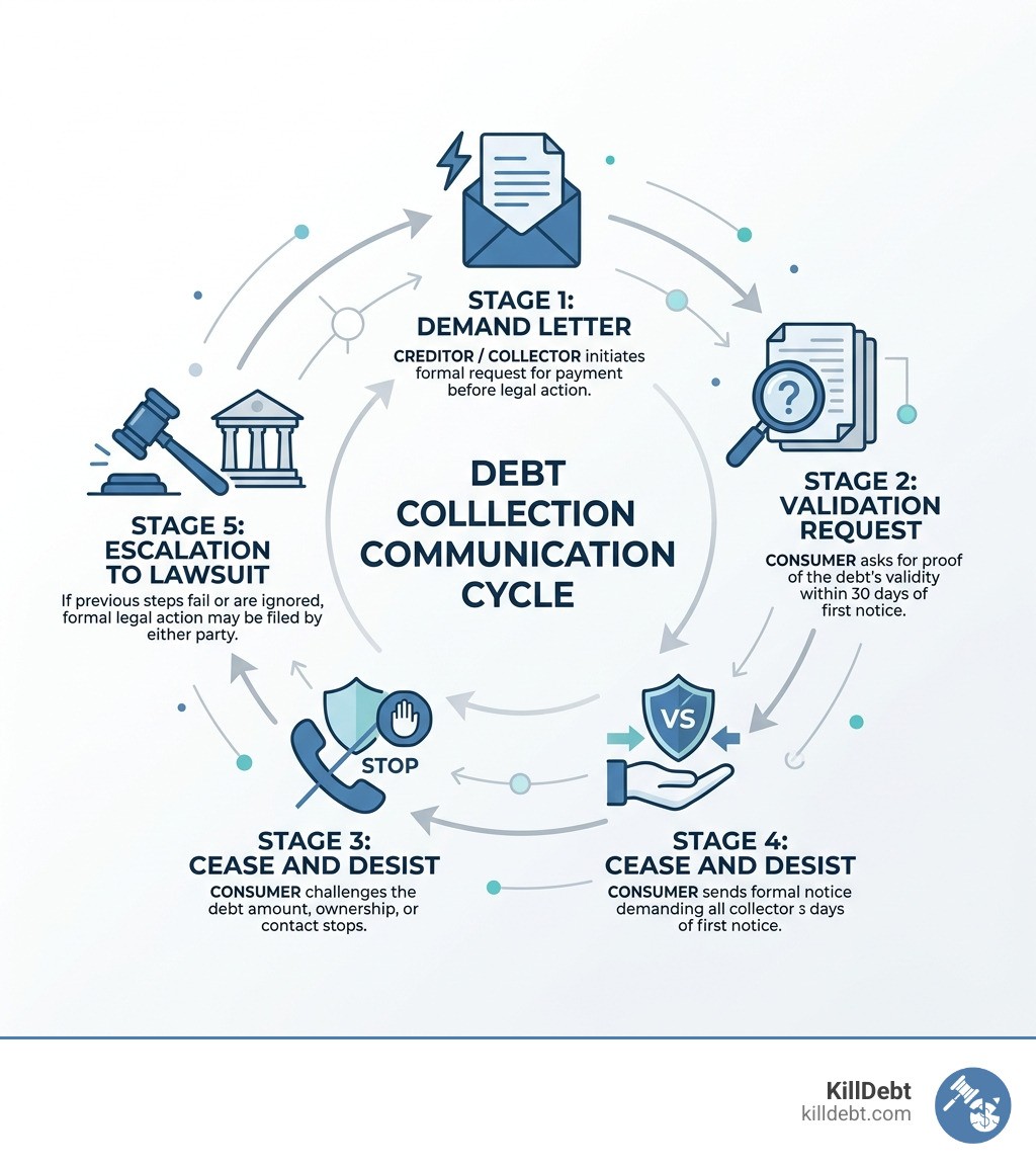 Debt collection communication cycle showing demand letter, validation request, dispute, cease and desist, and escalation to