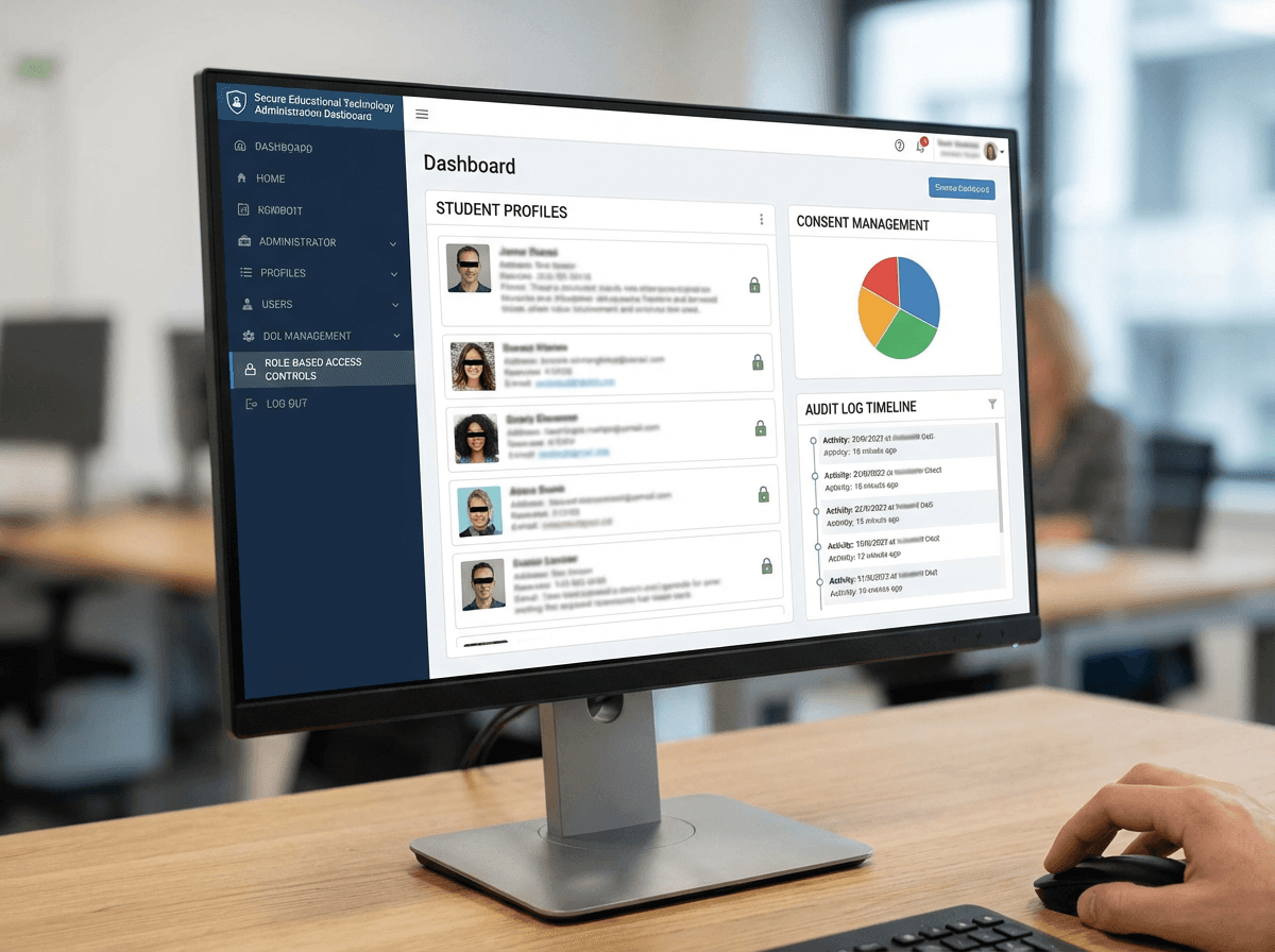 “Secure EdTech platform visual showing protected student data, FERPA/GDPR controls, and compliance audit logs.”