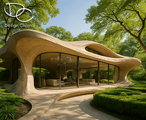 Οργανικό αρχιτεκτονικό κτήριο με ρευστές καμπύλες, μεγάλες γυάλινες όψεις και φύση που ενσωματώνεται στο σχεδιασμό.