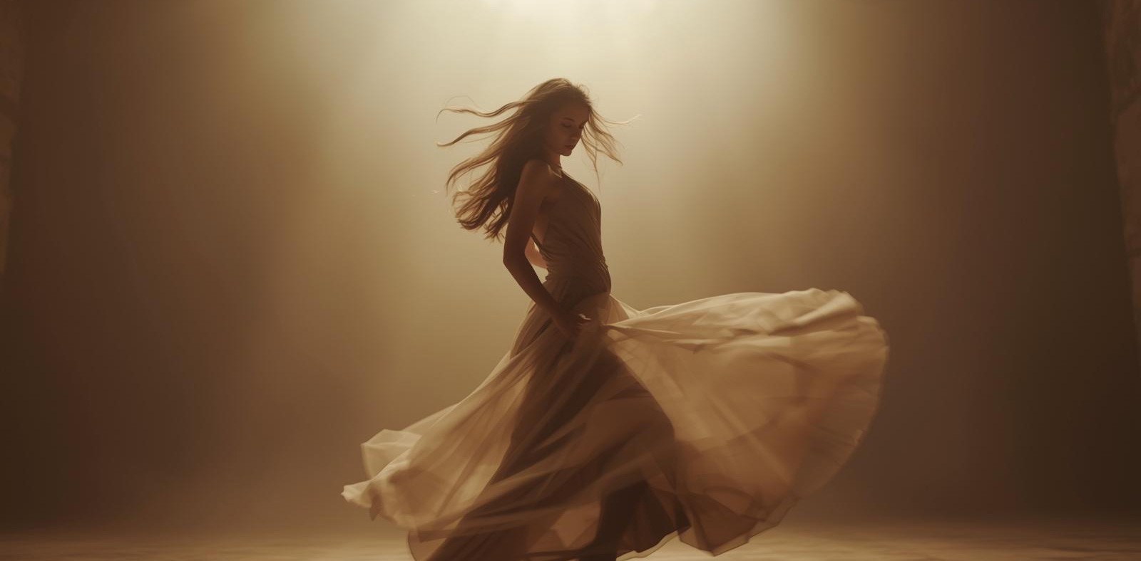 Donna che danza da sola sotto una luce teatrale in uno spazio vuoto