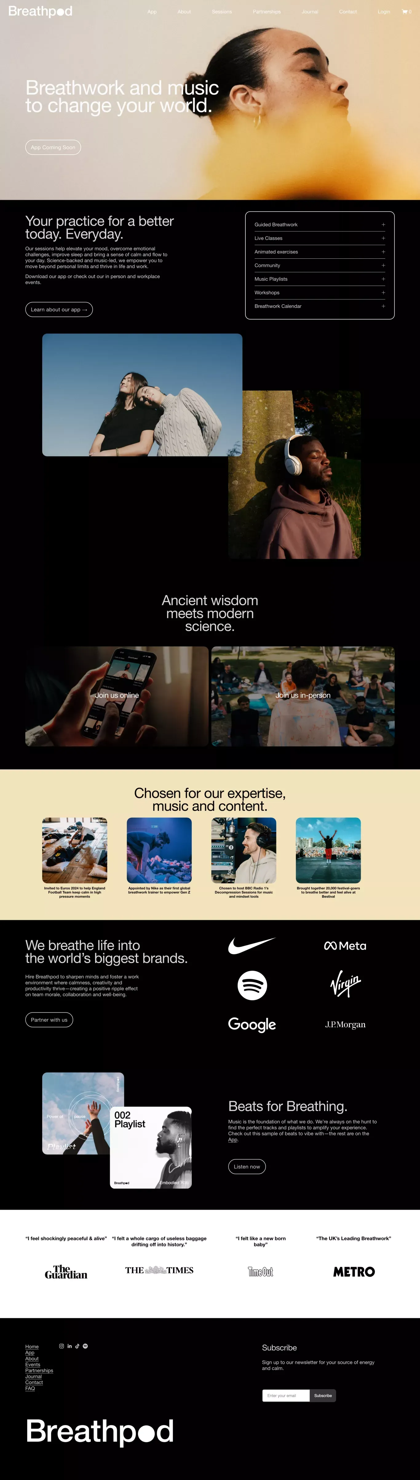 Breathpod landing page screenshot showcasing Health & Fitness and Music design