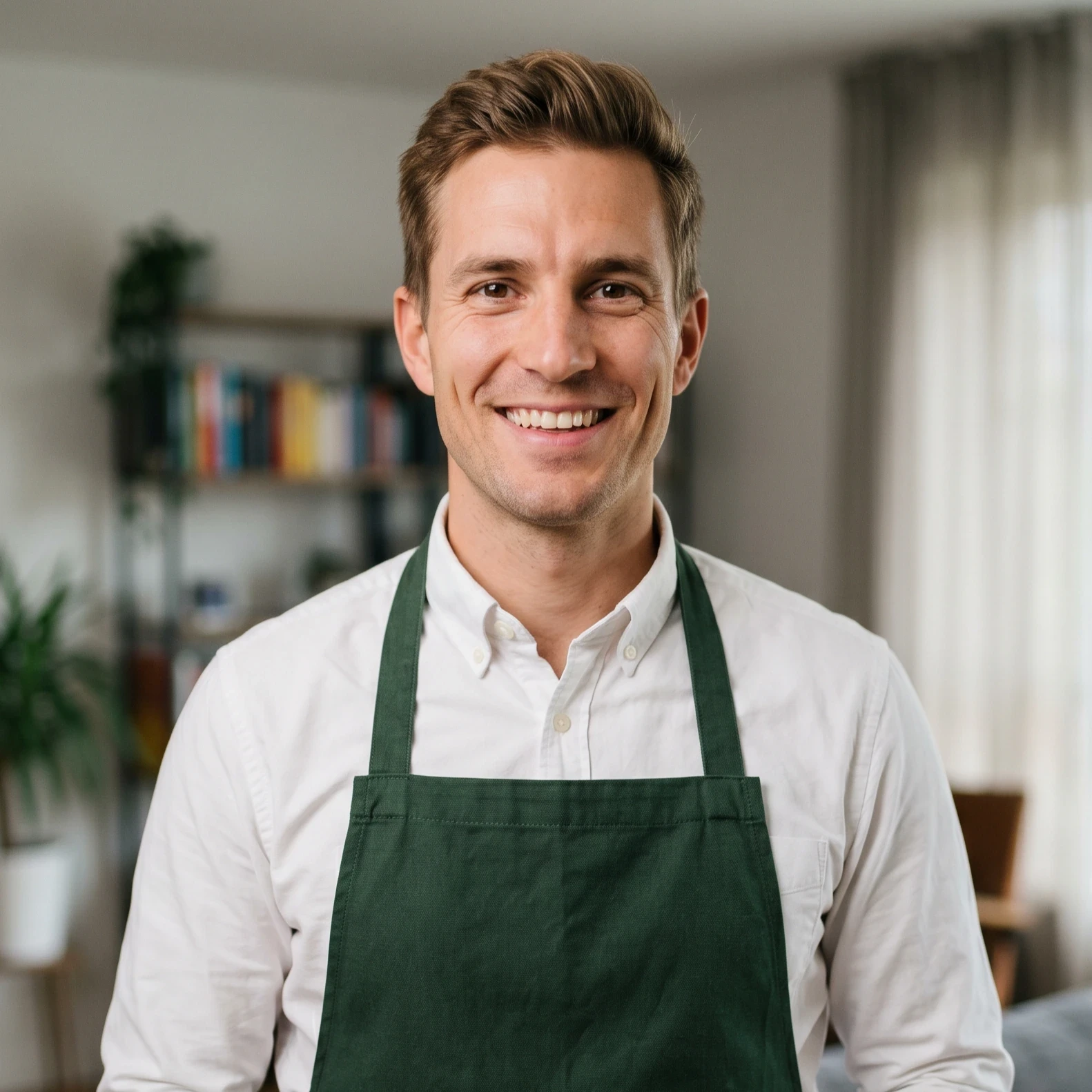 Smiling man wearing a green apron in a bright kitchen.