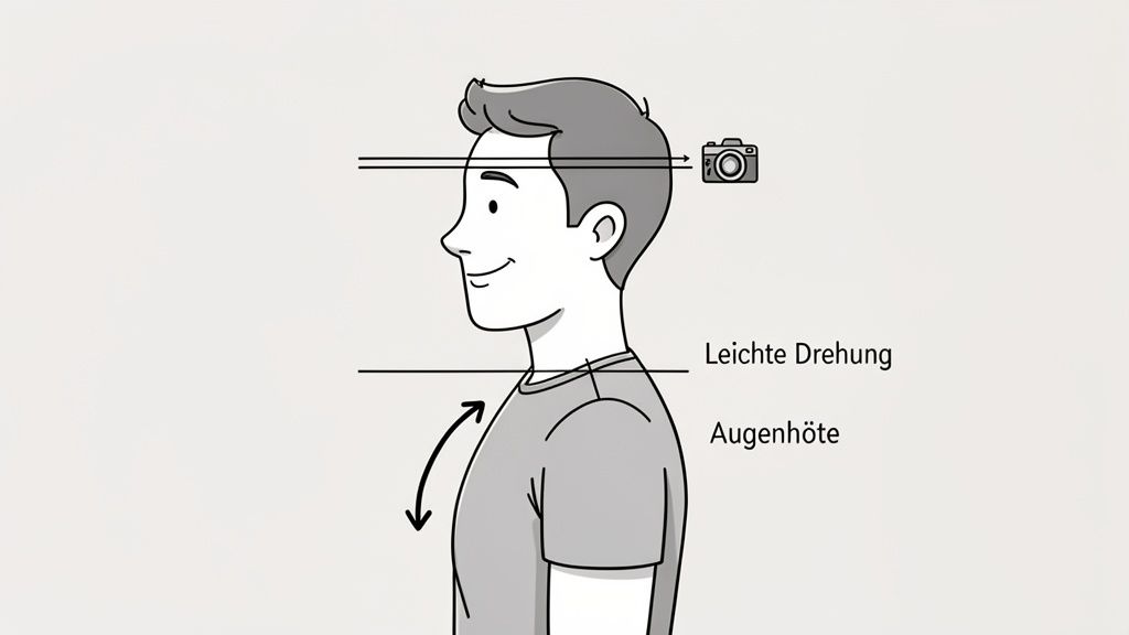 Eine Illustration zeigt eine Person im Profil, mit einer Kamera auf Kopfhöhe, die für ein leicht gedrehtes Foto positioniert ist.