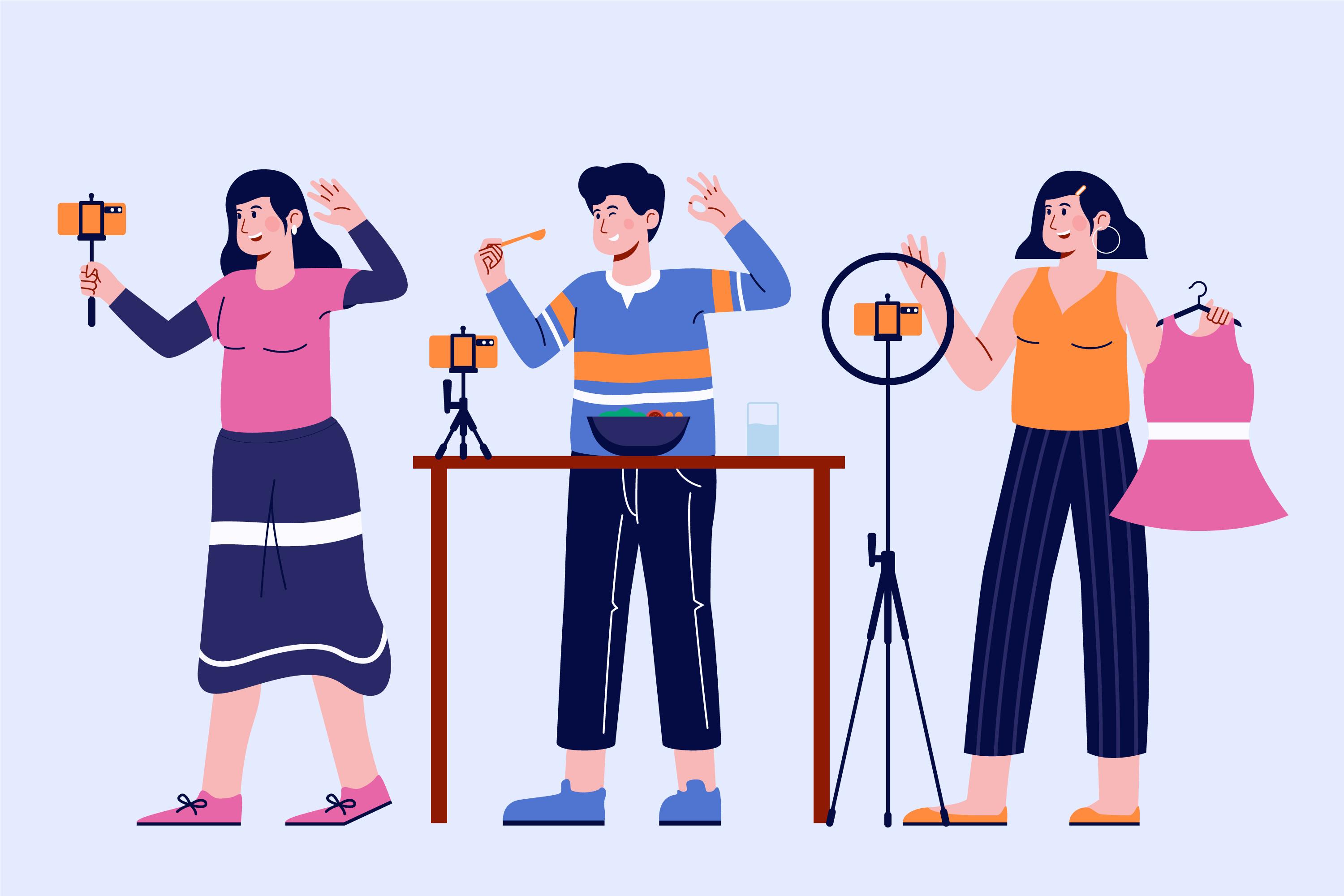 Three content creators filming lifestyle, food, and fashion UGC on smartphones