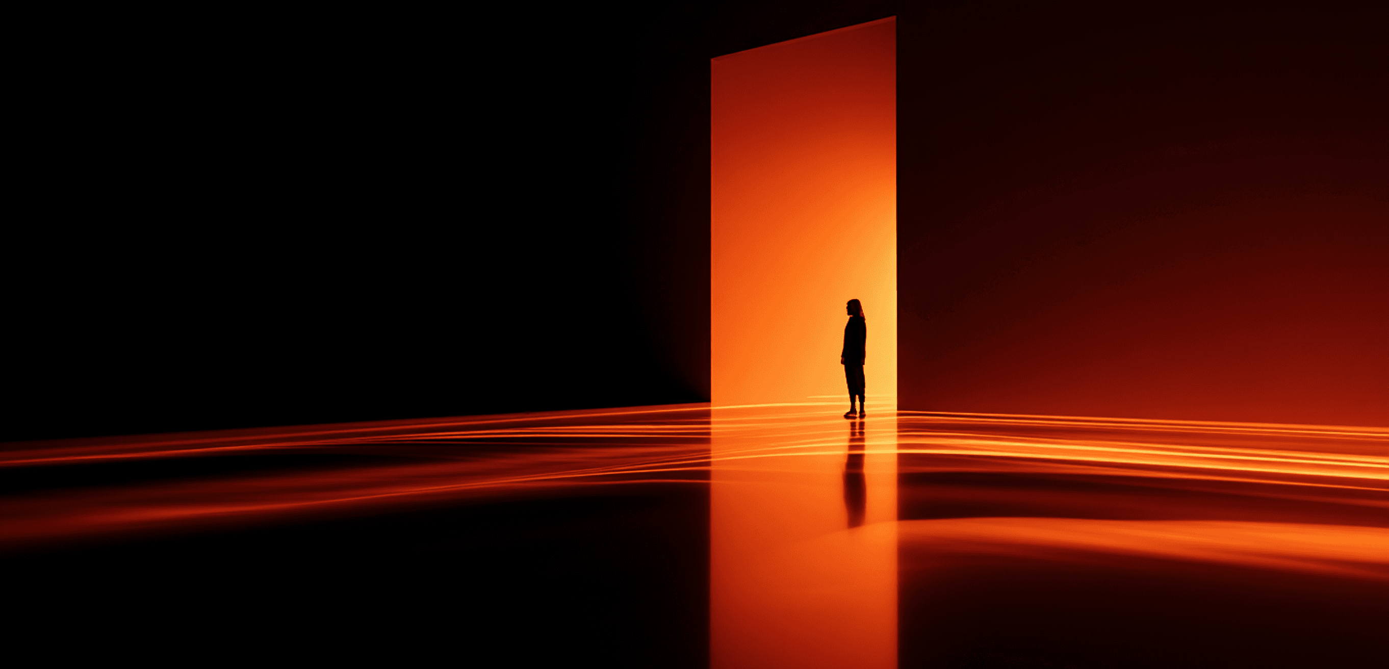 Person standing alone on a curved illuminated platform with warm orange light and dark minimal background.