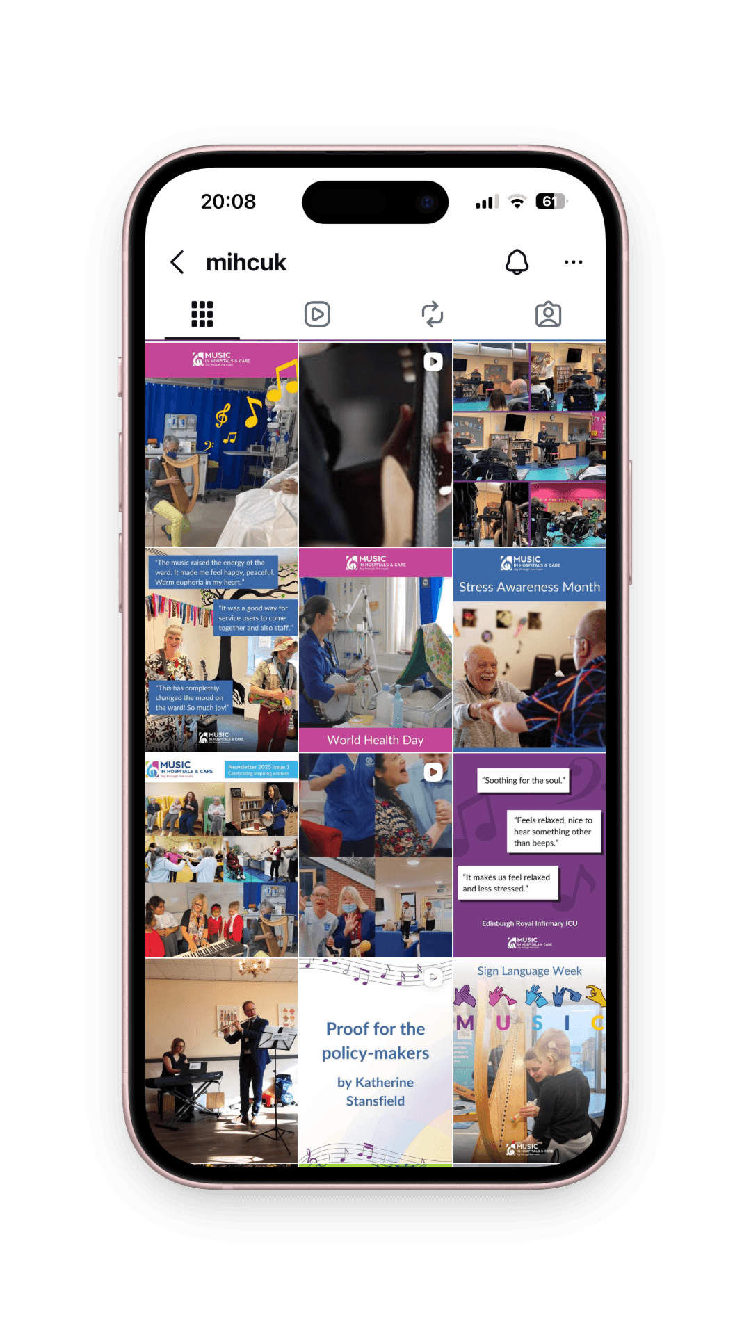 Phone with a screenshot of the MIHC Instagram page.