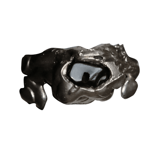 Sculpted silver ring with rough, uneven surface with black stone