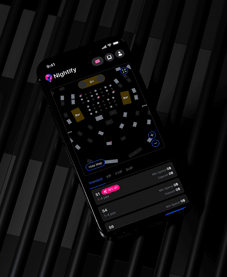 iPhone mockup of the Nightify mobile venue page. Displays a streamlined user interface with a 4.5-star rating, pricing indicators, nearest BTS station info (Phrom Phong), and a "Casual" dress code tag for an optimized mobile booking experience.