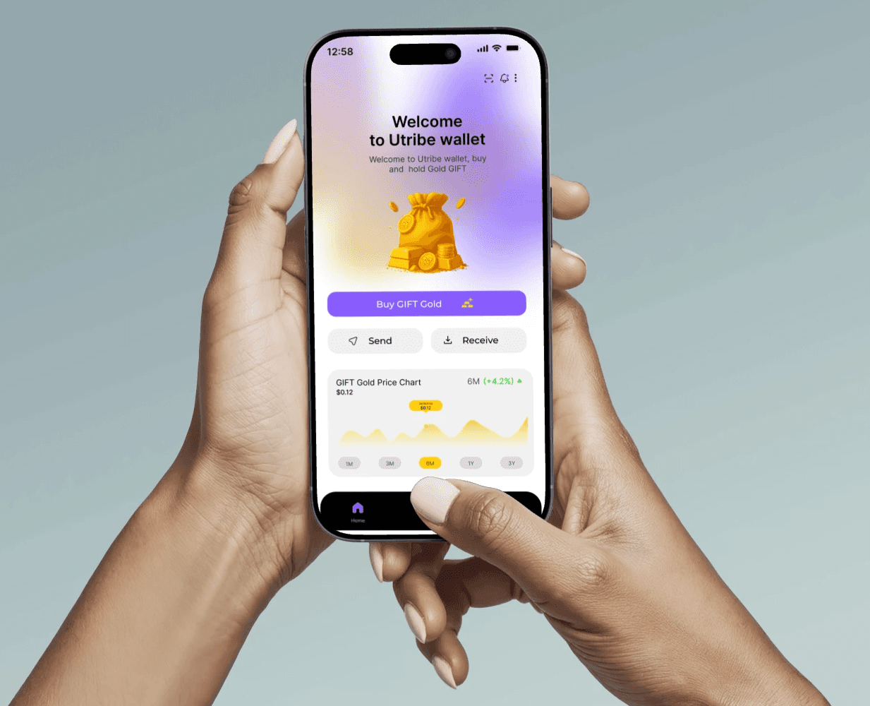 A close-up of two hands holding a smartphone displaying the "Utribe wallet" app against a muted light-blue background. The screen features a purple and white gradient design with the text "Welcome to Utribe wallet, buy and hold Gold GIFT," accompanied by a 3D illustration of a golden sack and gold bars. Key interface elements include a large purple "Buy GIFT Gold" button, smaller "Send" and "Receive" buttons, and a yellow line graph at the bottom tracking a 6-month upward trend (+4.2%) for the GIFT Gold Price Chart.