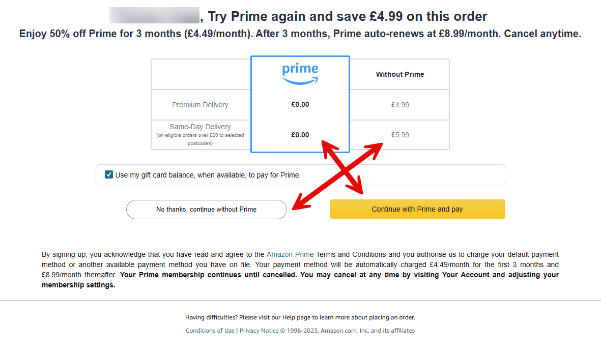 The image shows a user interface prompting the user to decide about Amazon Prime membership during checkout. It highlights the cost savings on delivery with a Prime subscription and presents a direct comparison of costs with and without Prime. The options to continue with or without Prime are visually distinguished, emphasizing the “Continue with Prime and pay” as a more attractive option with its placement and color contrast.