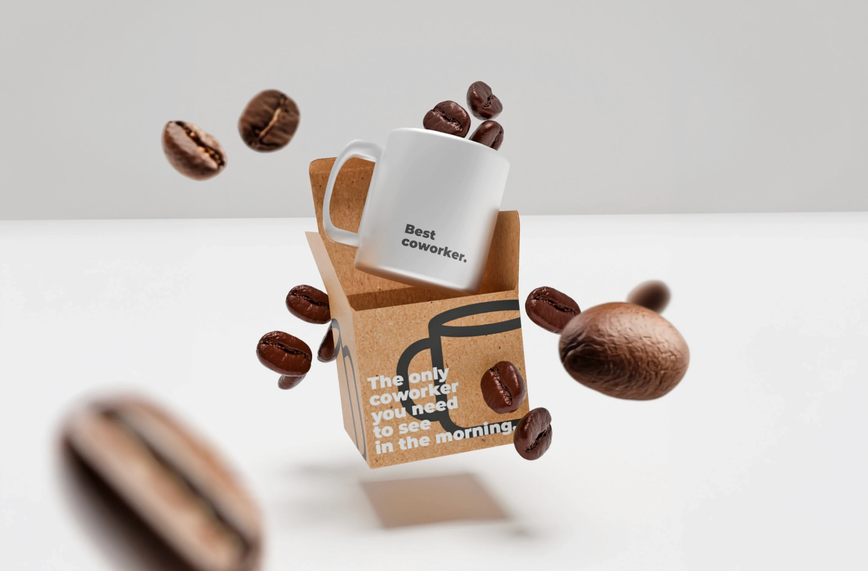 Mockup 3D dynamique présentant le mug sortant de sa boîte au milieu de grains de café en lévitation, style publicitaire moderne.