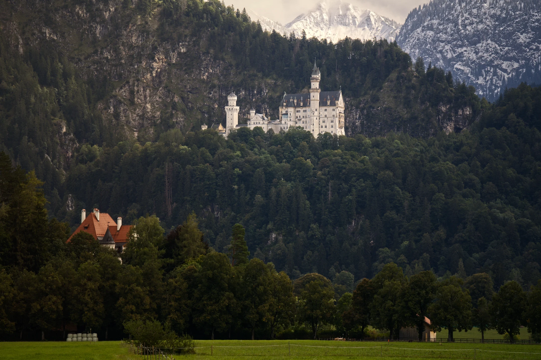 Schloss Neuschwanstein aus ungewöhnlicher Talperspektive über Wiesen, Bäumen und historischer Bebauung.