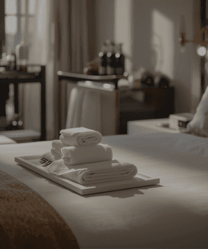 Modern bathroom featuring a walk-in shower, wooden vanity, round mirror, and elegant marble tiles.