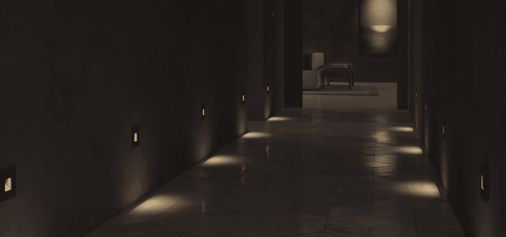 Dark hallway with wall lights and glowing tiled floor.