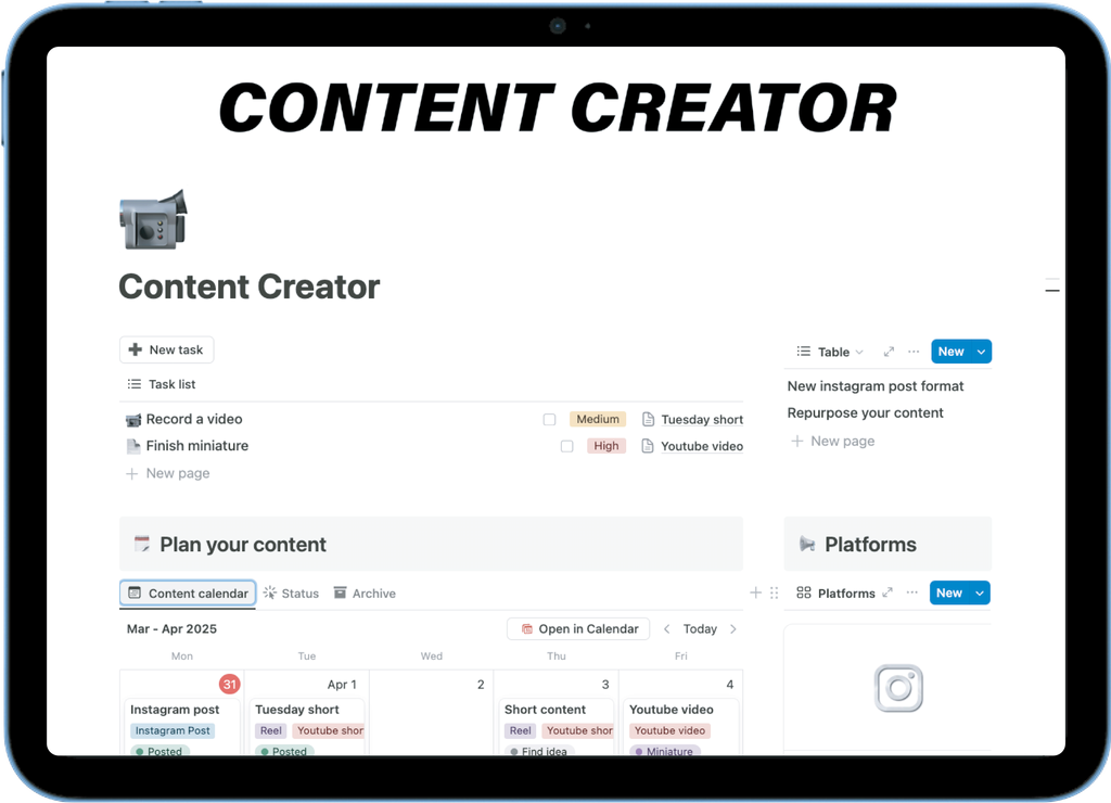 Life Planner Notion template for content creators - organize videos, posts, and content calendar in one workspace