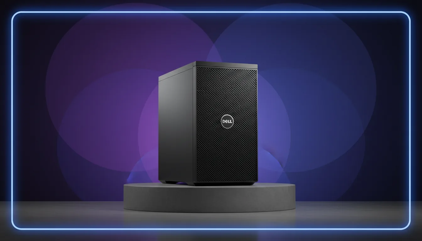 DSLR product photography of a black Dell Precision Tower Workstation, showcased in a studio setting. The computer features a textured diagonal lattice grill and a prominent circular logo on its front panel. Soft studio lighting illuminates the matte black chassis. The workstation rests on a polished concrete surface against an abstract graphic background of large, overlapping translucent circles in a purple and dark blue gradient. A thin, glowing blue line with rounded corners frames the entire image.