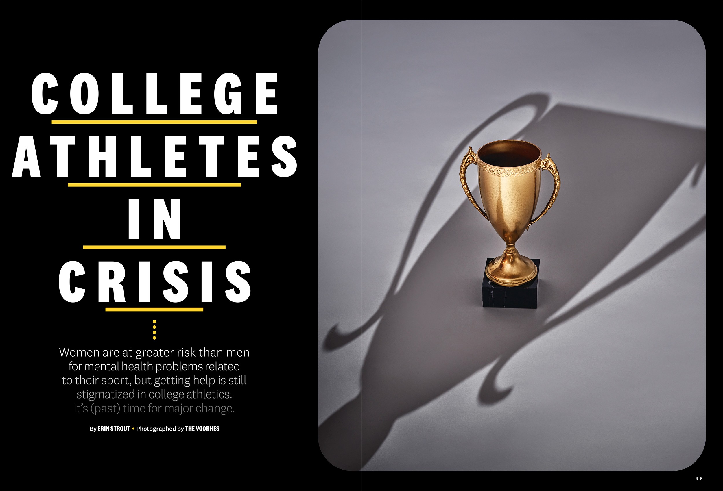 A gold trophy being swallowed by a trophy shadow for the layout of a story called College Athletes in Crisis