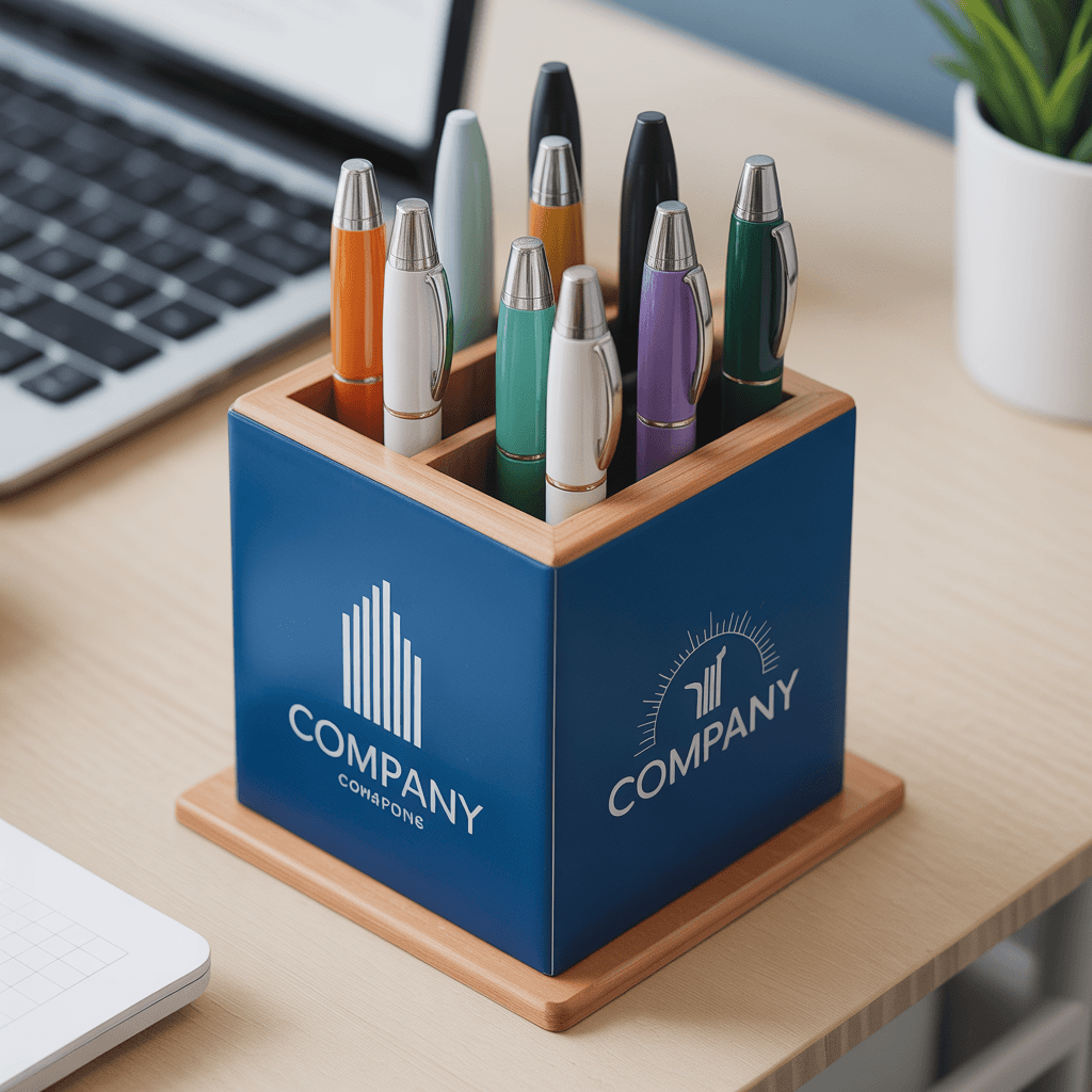 Close-up of pen stand with printed company branding, organized pens inside, sharp detail, clean background