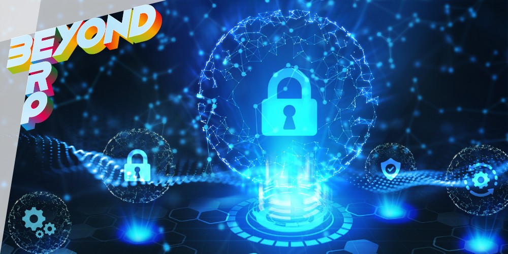 A blue digital padlock surrounded by a glowing network, representing cybersecurity and data protection.