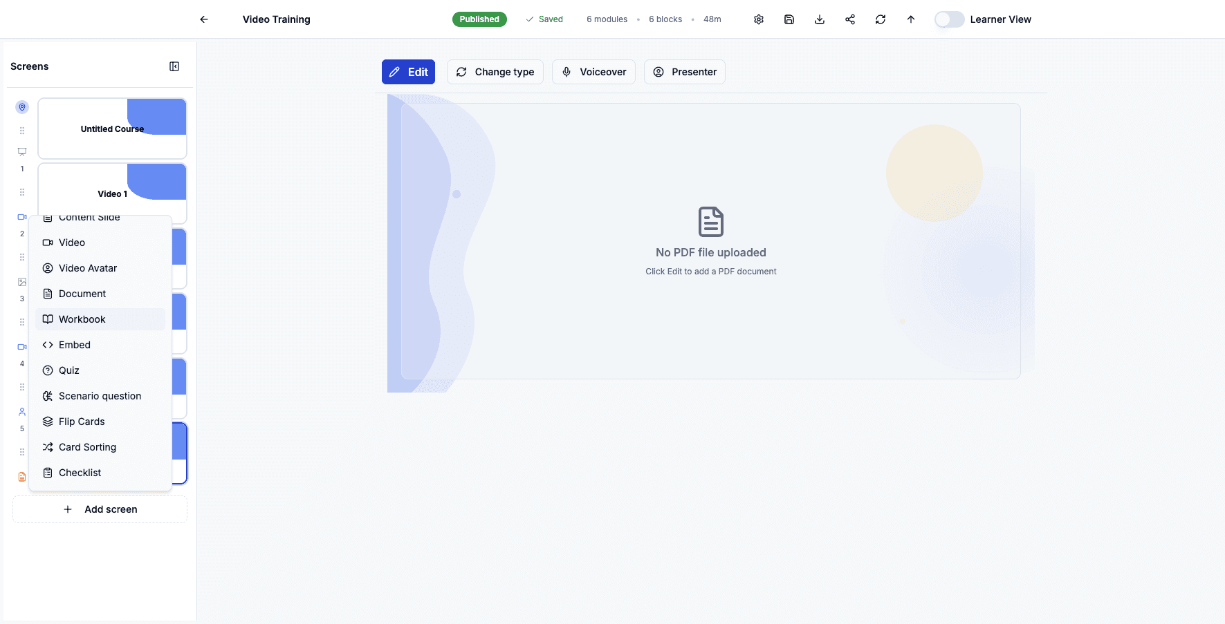 Select Workbook to add an editable document that each learner receives their own copy of.