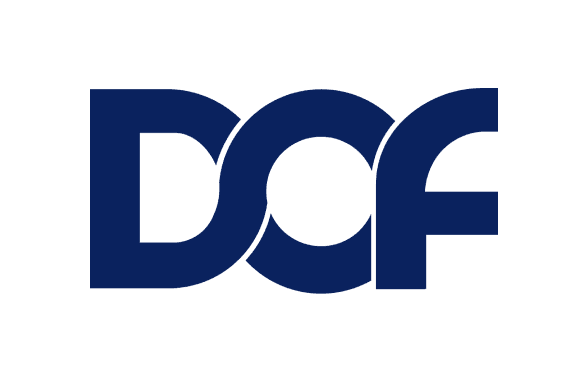 Logo of DCF in blue, featuring stylized letters "D," "C," and "F" arranged creatively.