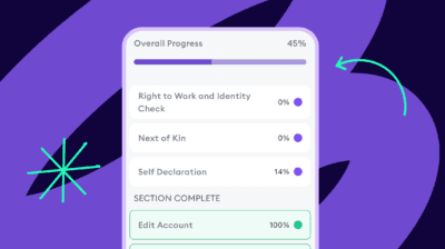 Mobile app screen showing profile completion progress with sections like identity check and self declaration.