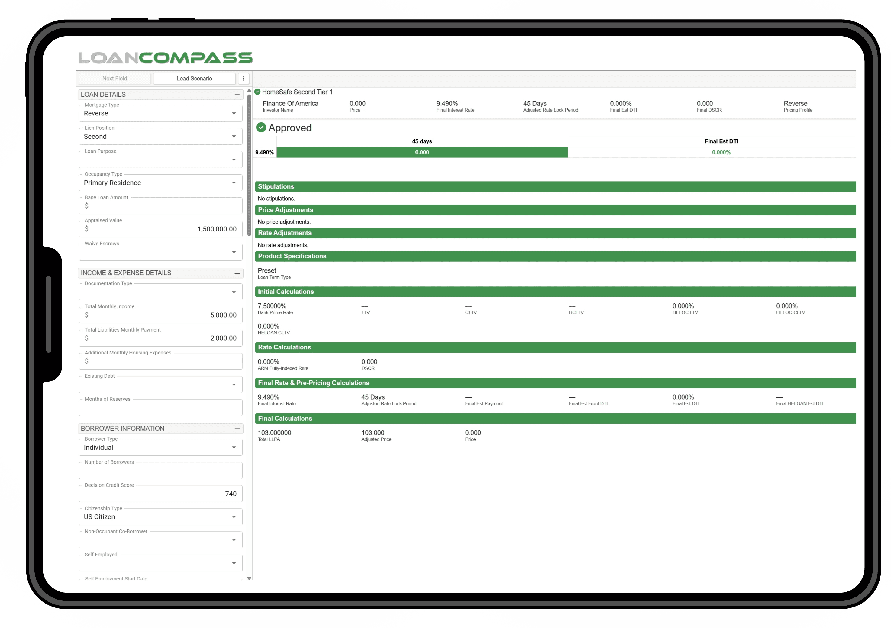 A tablet displaying LoanPASS' Price a Loan page.