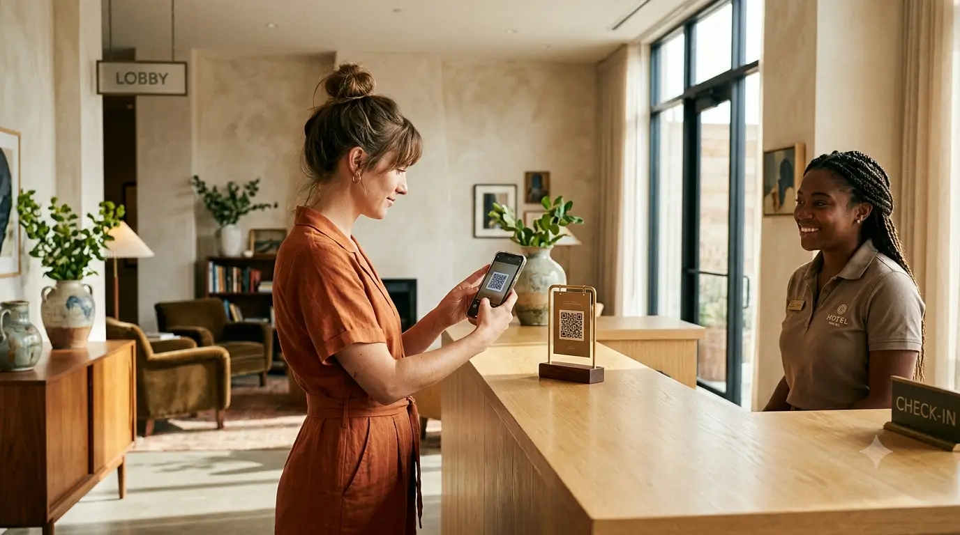 Hotel guest scanning a QR code to open a web-based digital guidebook on their phone