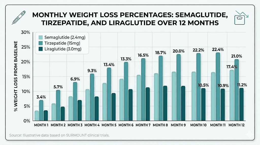 GLP-1 medication comparison chart showing monthly weight loss for semaglutide tirzepatide and liraglutide