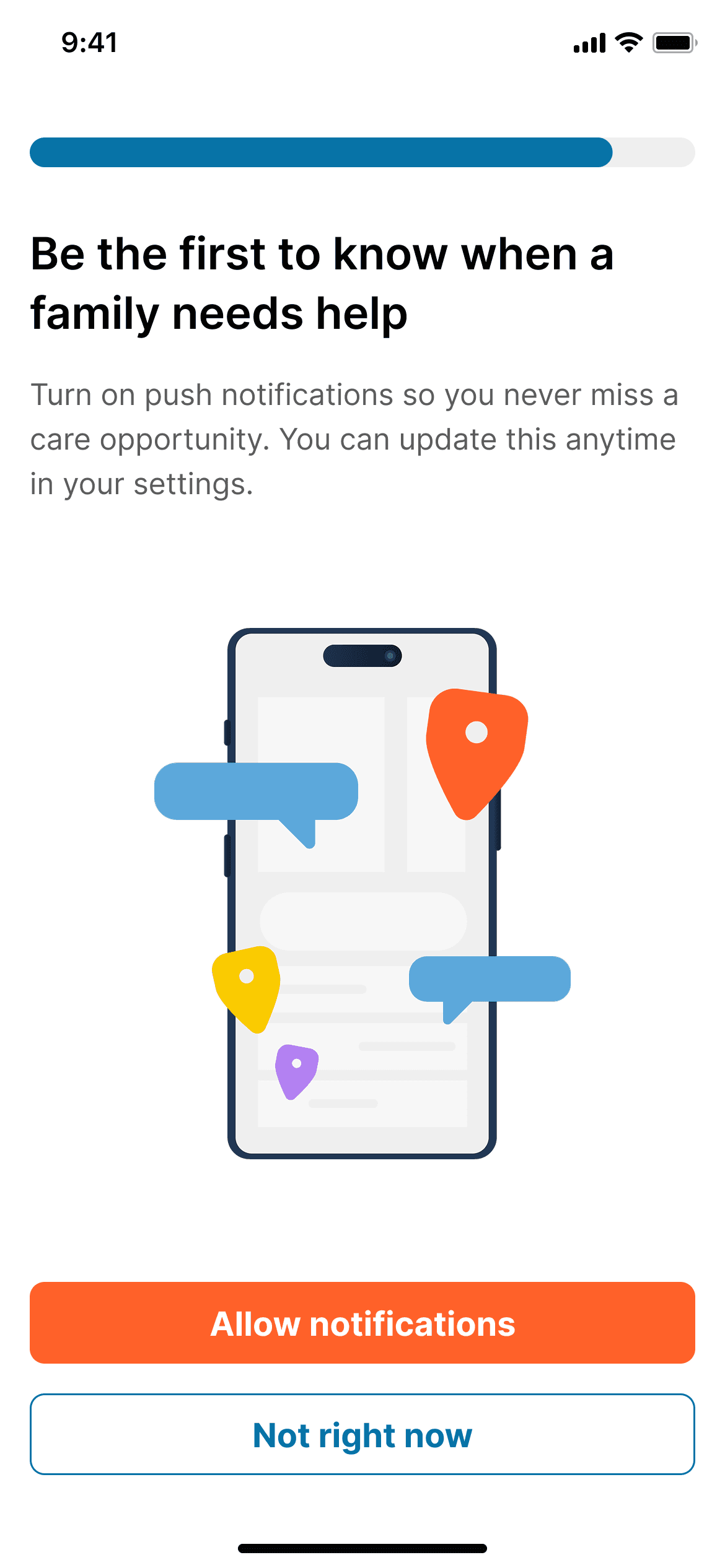 Notification permission request screen with phone illustration and location pins