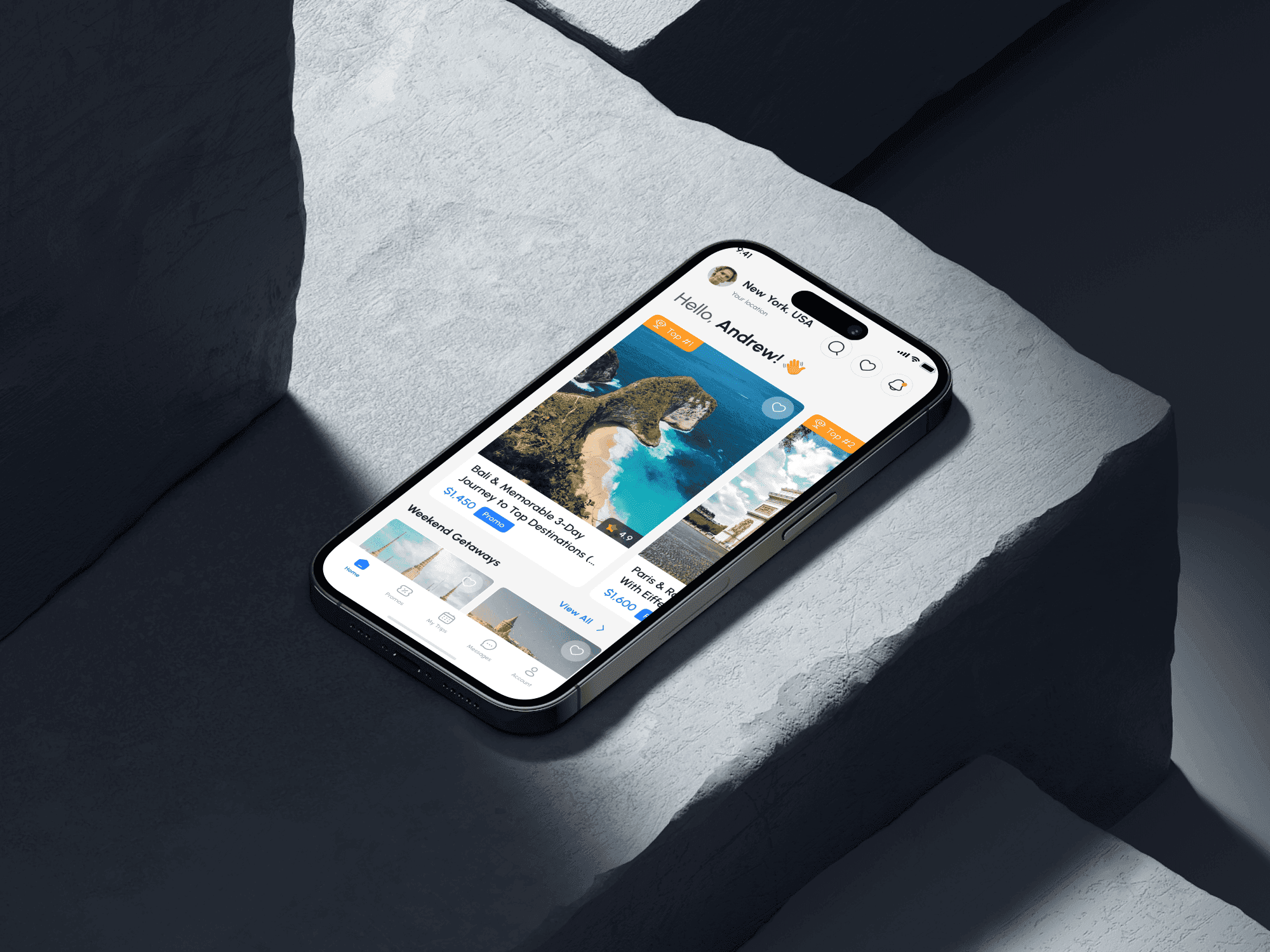 A high-angle 3D render of a single smartphone with the home screen of a travel app, showcasing popular destinations like Bali and Paris