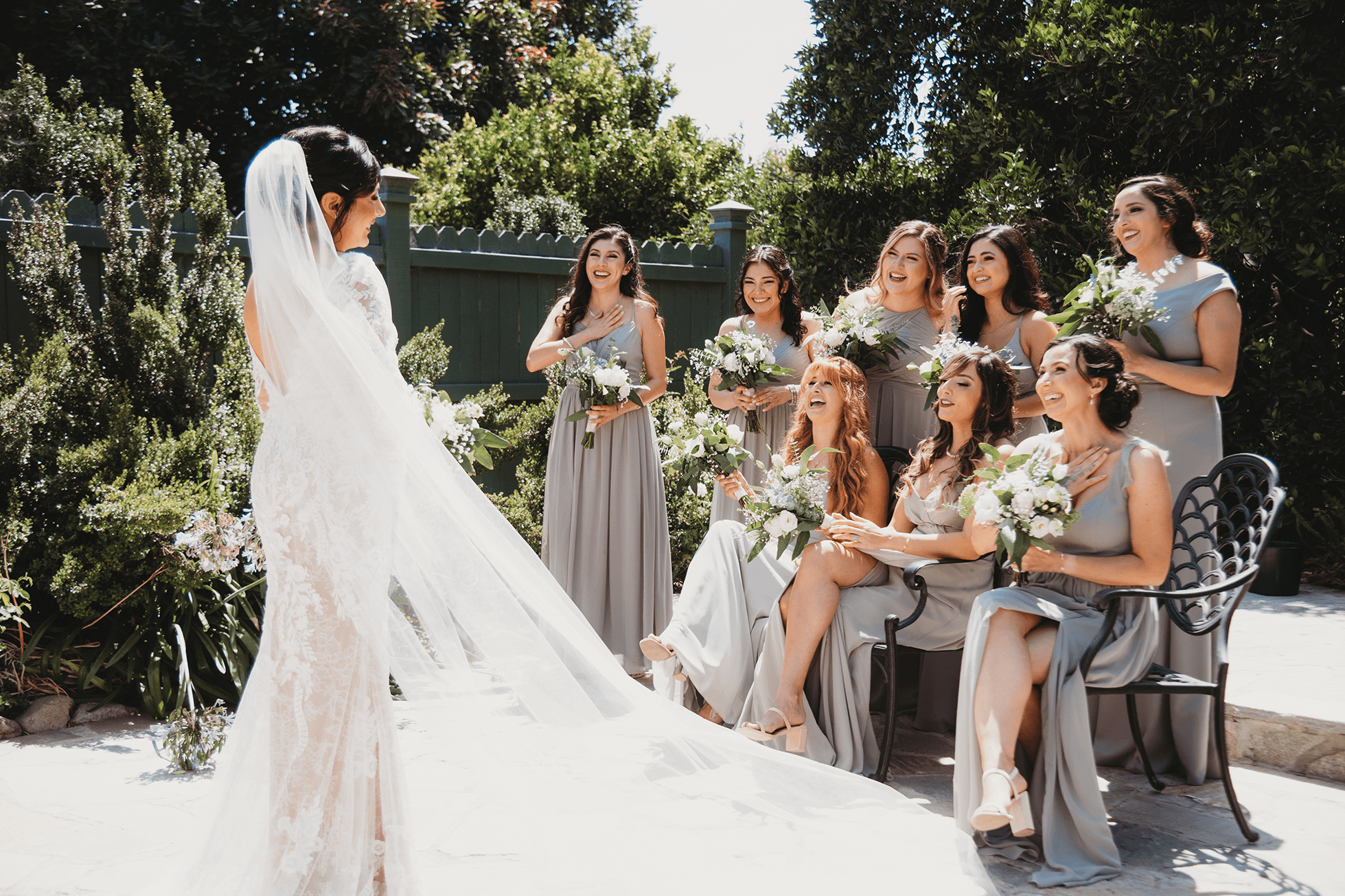 Bridesmaids first look reaction on patio at Gerry Ranch