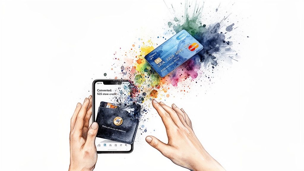 Hands holding a smartphone showing converted store credit from a credit card with watercolor splashes.