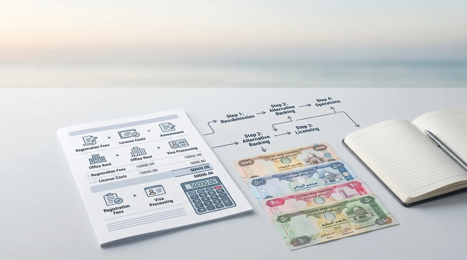 Setting Up a Dubai Company After a Bank Rejection beside an itemised cost breakdown, calculator and dirham notes