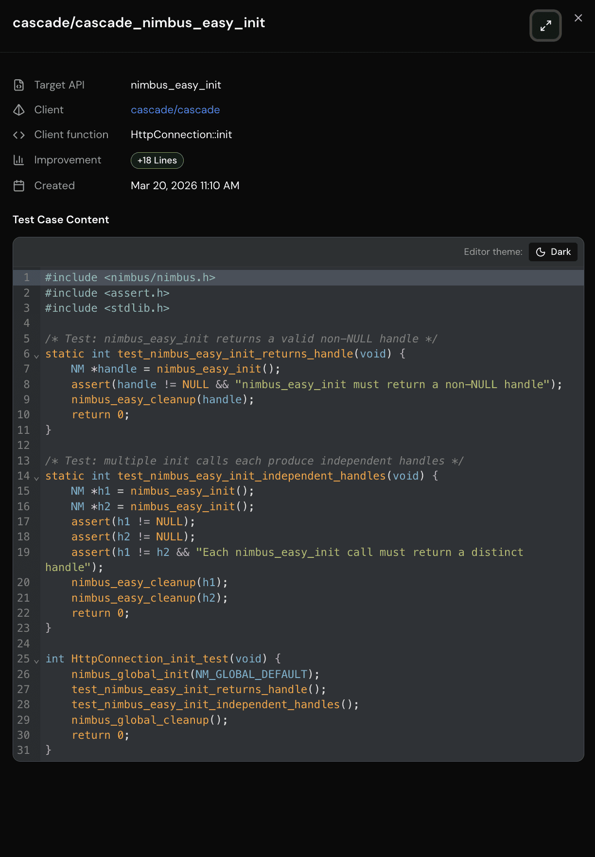 Code SA interface showing generated test case for av_frame_alloc API including client name, improvement metrics and C code test content.