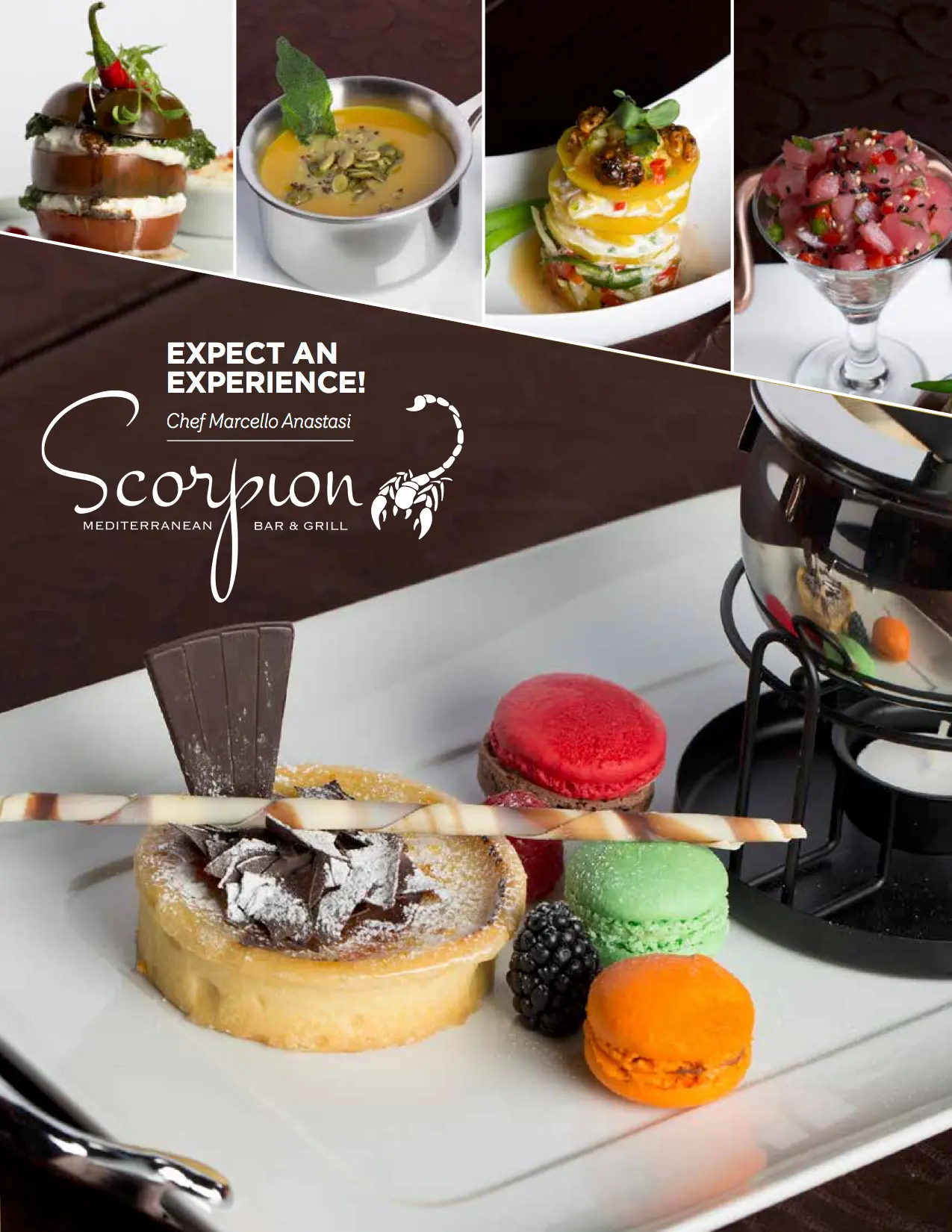 corpion Chef Mediterranean Bar and Grill dessert plate with macarons and chocolate tart by Chef Marcello Anastasi Vancouver Island BC