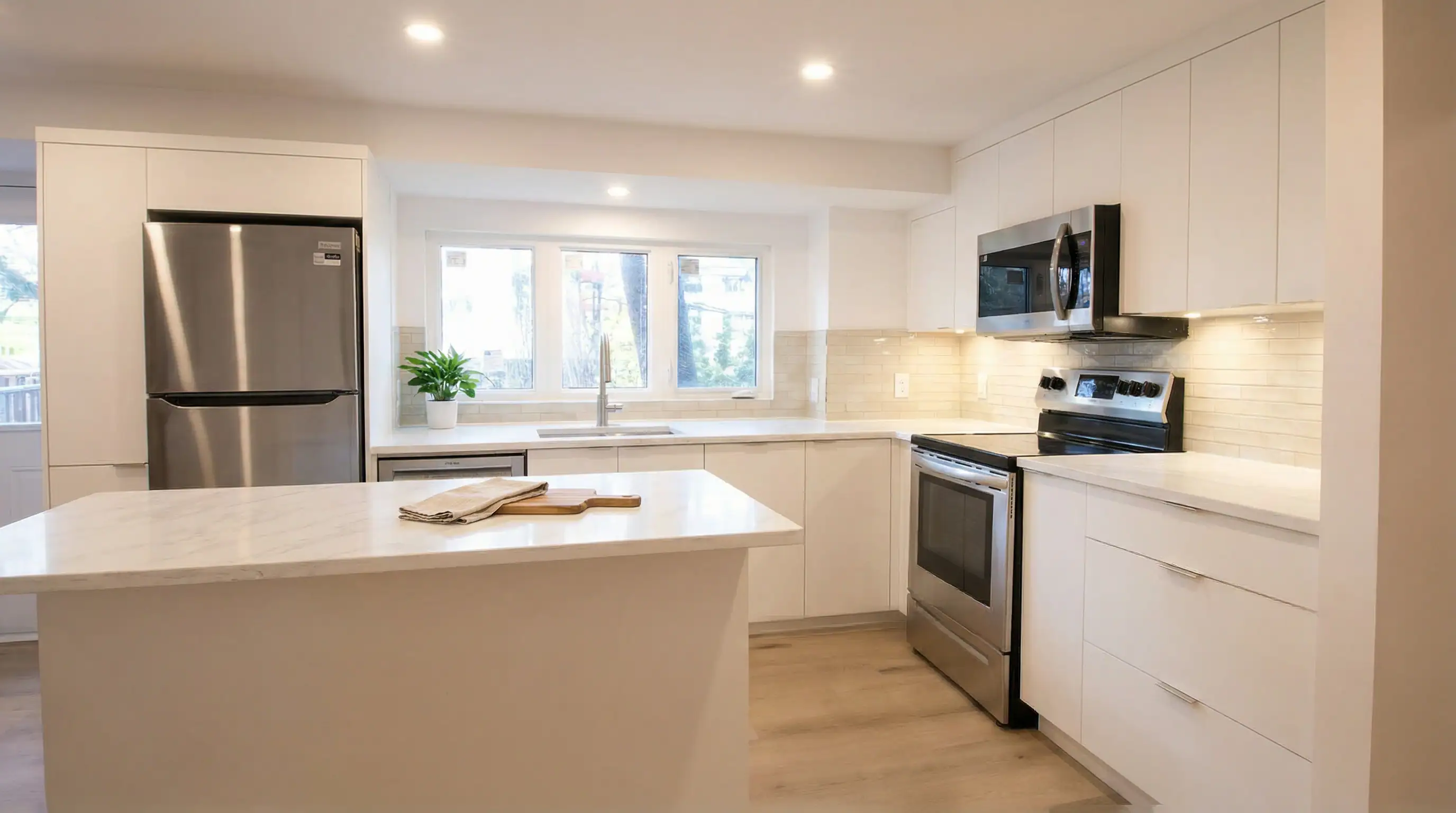 Bright open-concept kitchen with flat-panel white cabinets, quartz island, stainless appliances, and a garden-view window in Vancouver Custom Homes' West 16th heritage conversion multiplex