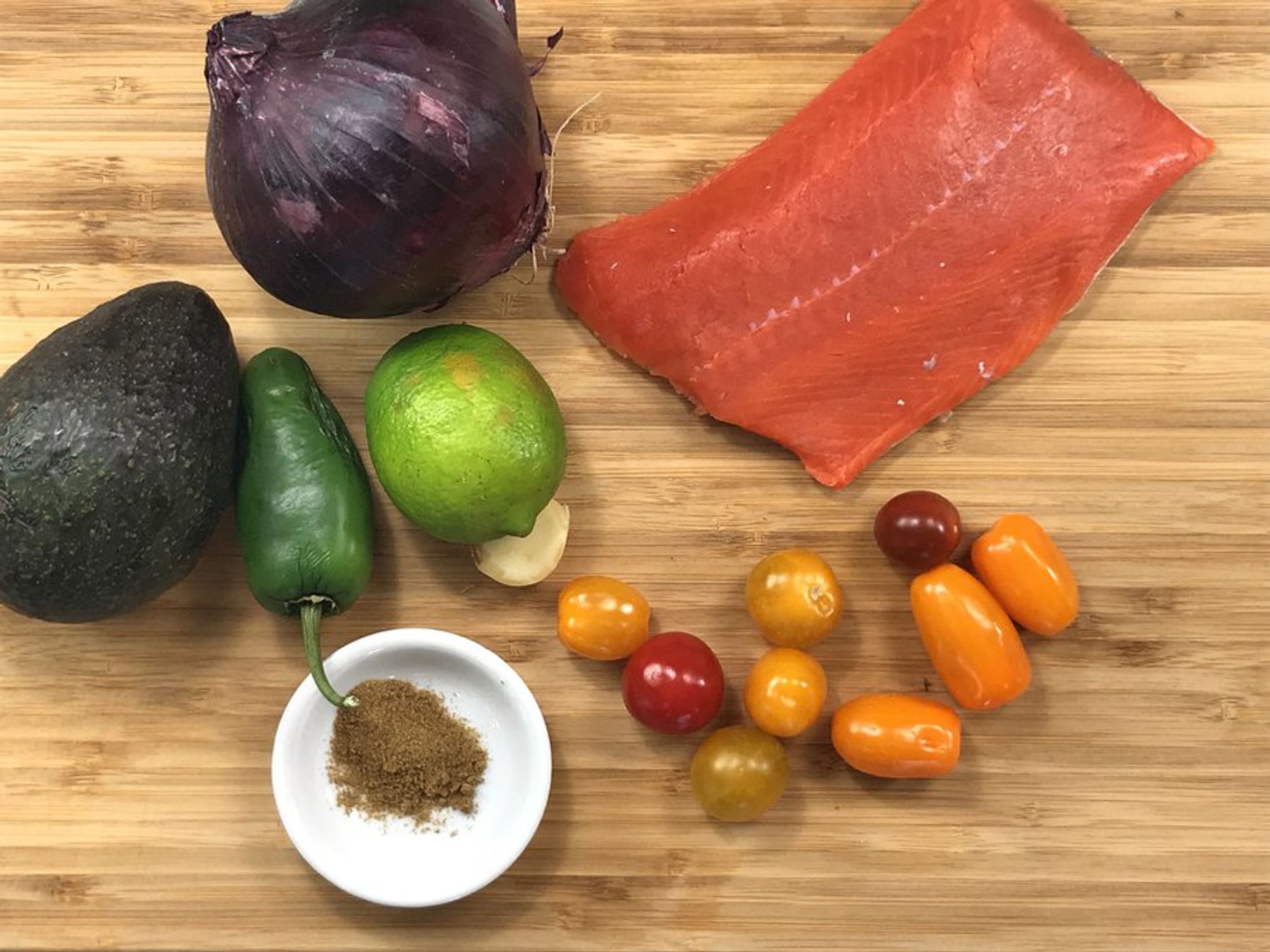 ingredients for seared salmon with avocado salsa
