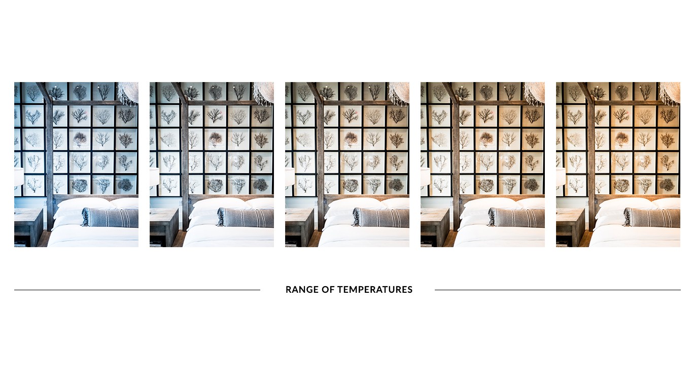   Here is an even wider range of color temperature than the previous set. They all look great but all have a different vibe associated with each ranging from wintery all the way to opulent golden.  