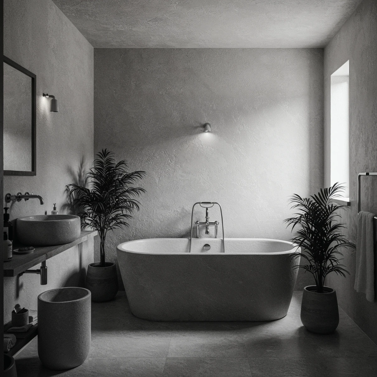 Cream-painted spa-style bathroom with stone tub, plaster ceiling, and indoor plants
